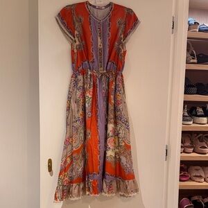Johnny Was Orange and Lavender Paisley-Print Midi Dress